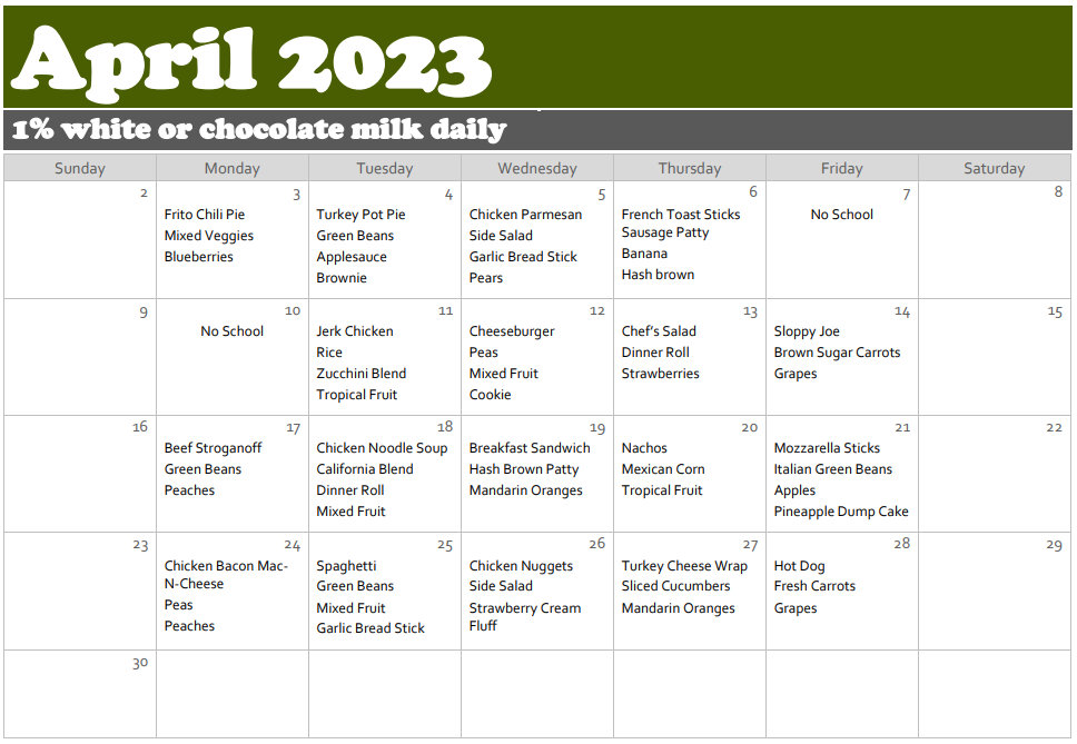 April lunch menu