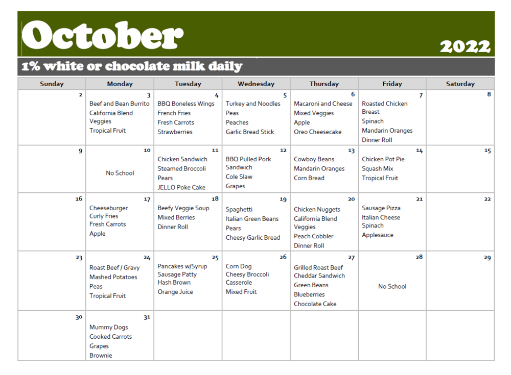 October 2022 Lunch Menu